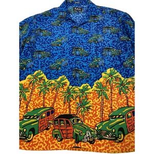 K.A.D. KAD Clothing Mens L Button Up Shirt Short Sleeve Jeep Wagoneer Palms VTG